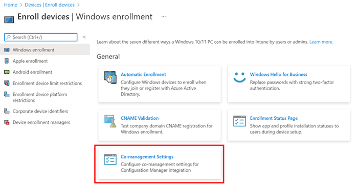 A screenshot of the Windows enrollment page highlighting Co-management Settings.
