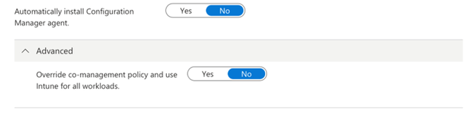 A screenshot showing the configuration where Automatically install Configuration Manager agent is set to no. And, under advanced, Override co-management policy and use Intune for all workloads is set to no.