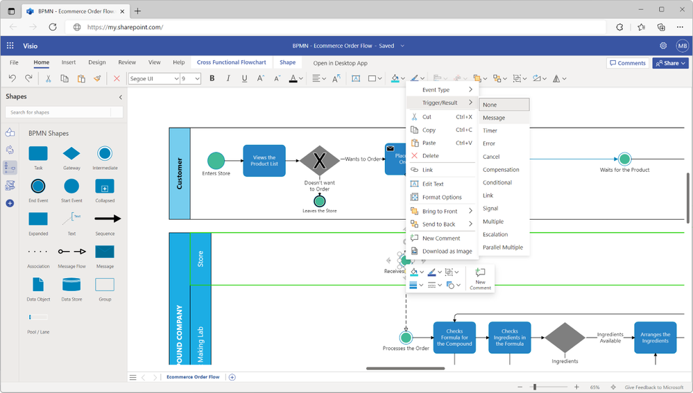 An image of a BPMN diagram in Visio for the web demonstrating how to add a shape to a swimlane.