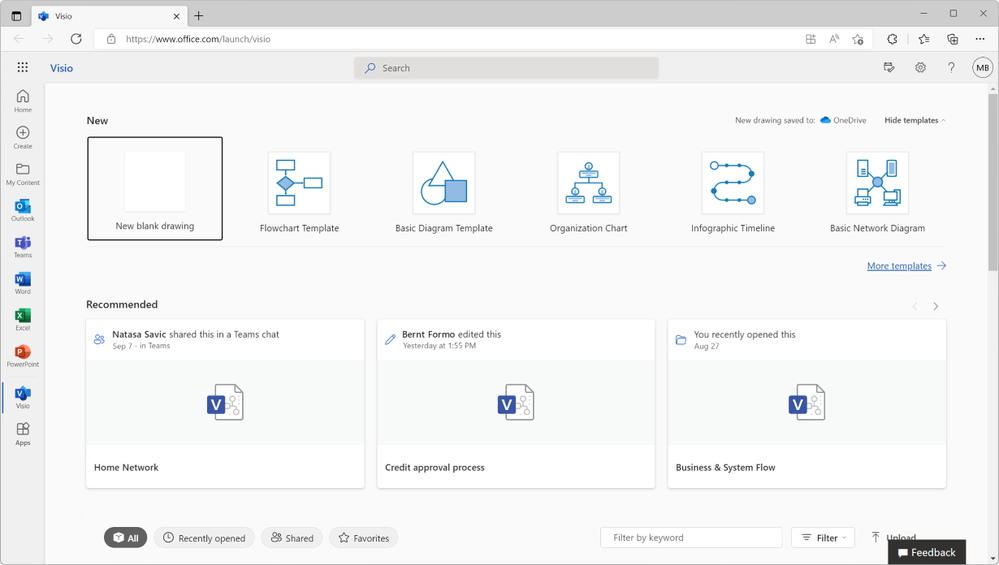 An image of the Visio home page demonstrating how to create a new blank drawing.