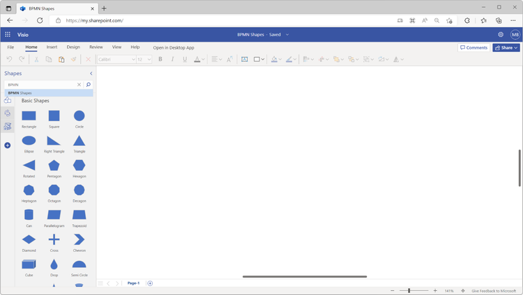 An image of a new blank drawing in Visio for the web demonstrating how to search for the BPMN Shapes stencil.