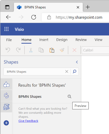 A cropped image of the Shapes pane in Visio for the web demonstrating how to preview the BPMN Shapes stencil.