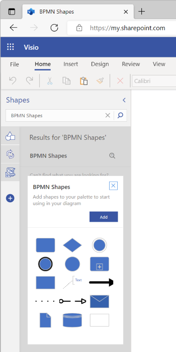 A cropped image of the Shapes pane in Visio for the web demonstrating how to add (or pin) the BPMN Shapes stencil.