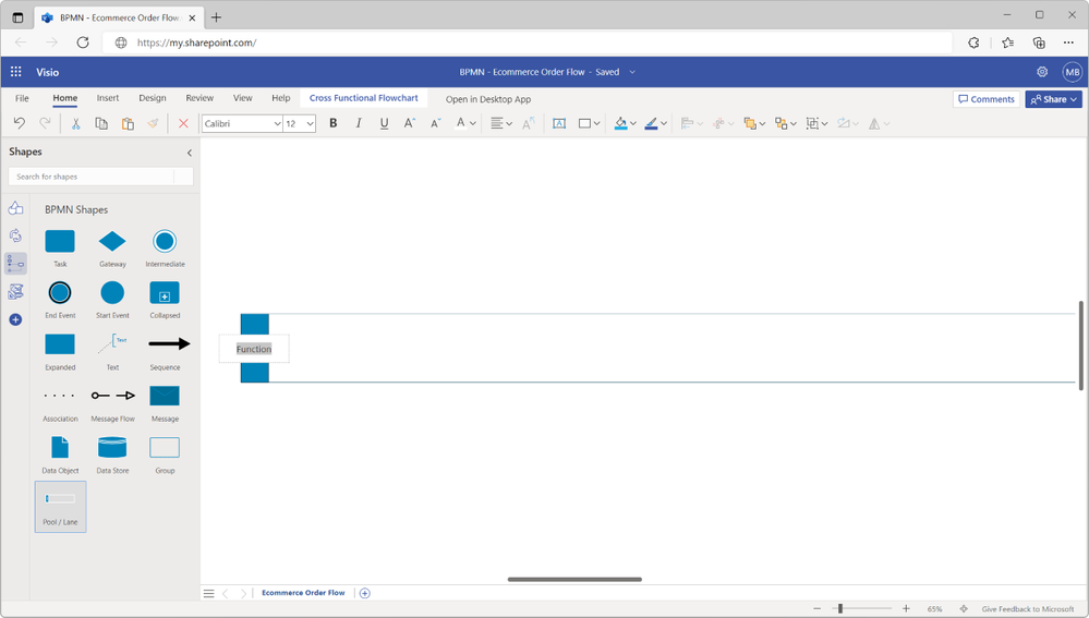 An image of a new drawing in Visio for the web demonstrating how to change the label of a swimlane added to the canvas.