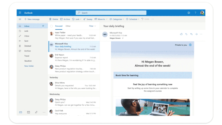 Briefing email with learning reminders, suggested topics, meeting recaps, and recurring time booking.gif