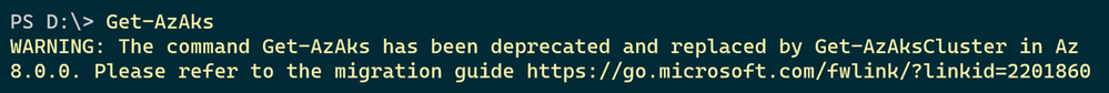 Azure PowerShell warns about deprecated commands.