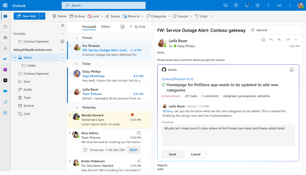 An image demonstrating a GitHub-built Adapative Card-based Loop component for PR tracking in an email shown in Outlook on the web.