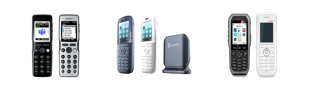 Spectralink IP-DECT System (left), Poly Rove IP-DECT System (middle), Ascom IP-DECT System (right)