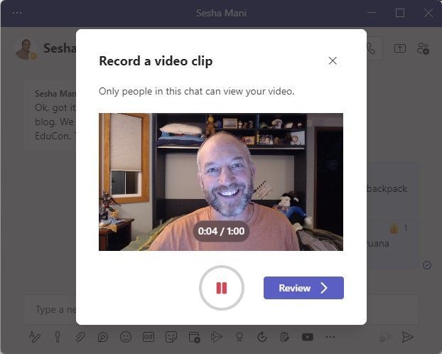 Click the Record a video clip button to record and share an up-to-one-minute video clip in a Teams chat.