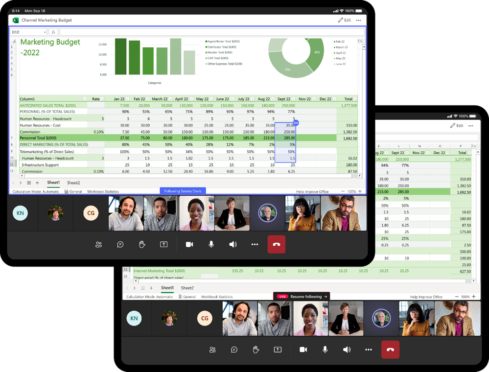An image demonstrating the Excel Live experience in a Teams meeting on a tablet device.