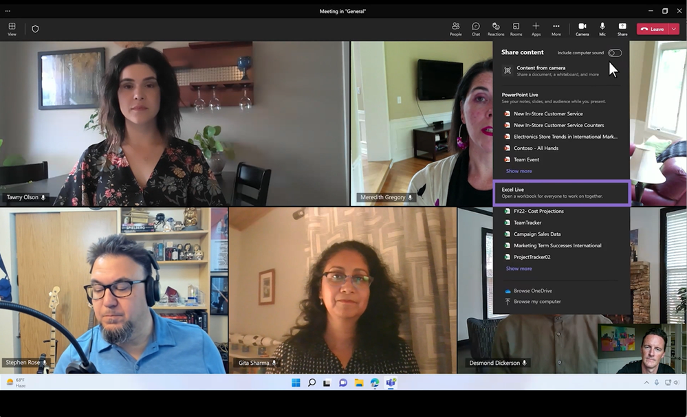 An image of a Microsoft Teams meeting on Windows desktop demonstrating how to access Excel Live from the Share tray.