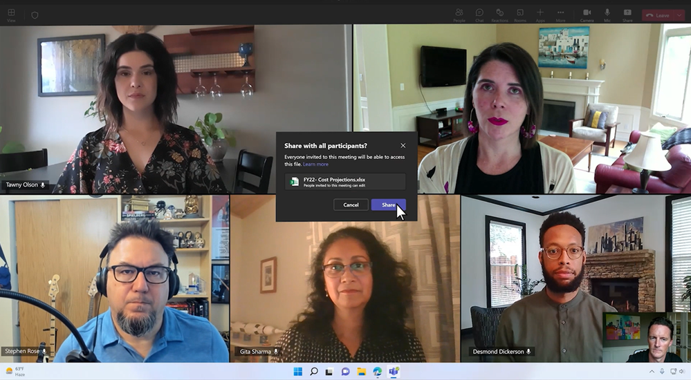 An image of a Microsoft Teams meeting on Windows desktop demonstrating how to share an Excel file by selecting the workbook and clicking the Share button.