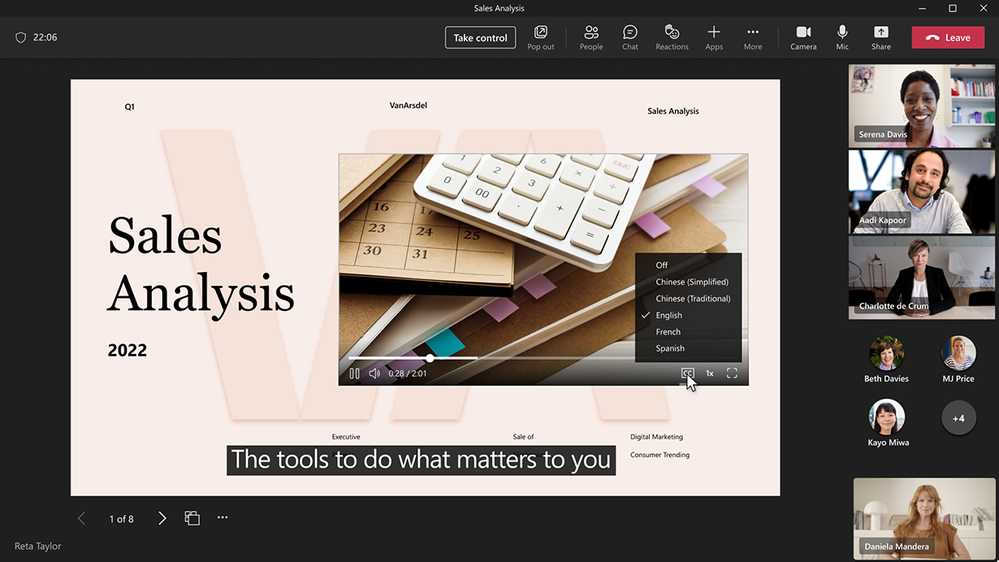 An image demonstrating closed captions in PowerPoint Live in a Microsoft Teams meeting.