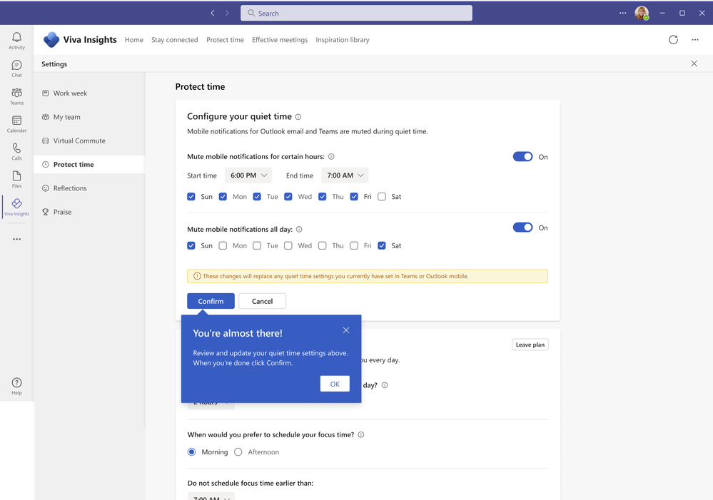Quiet time settings to silence after-hours mobile notifications from Teams and Outlook