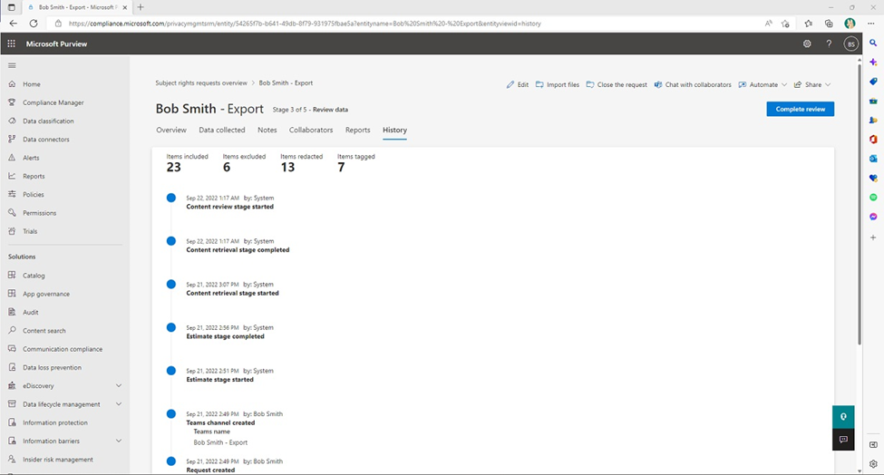 Figure 3. History tab of request showing milestone activities for request stages, file activity aggregates.