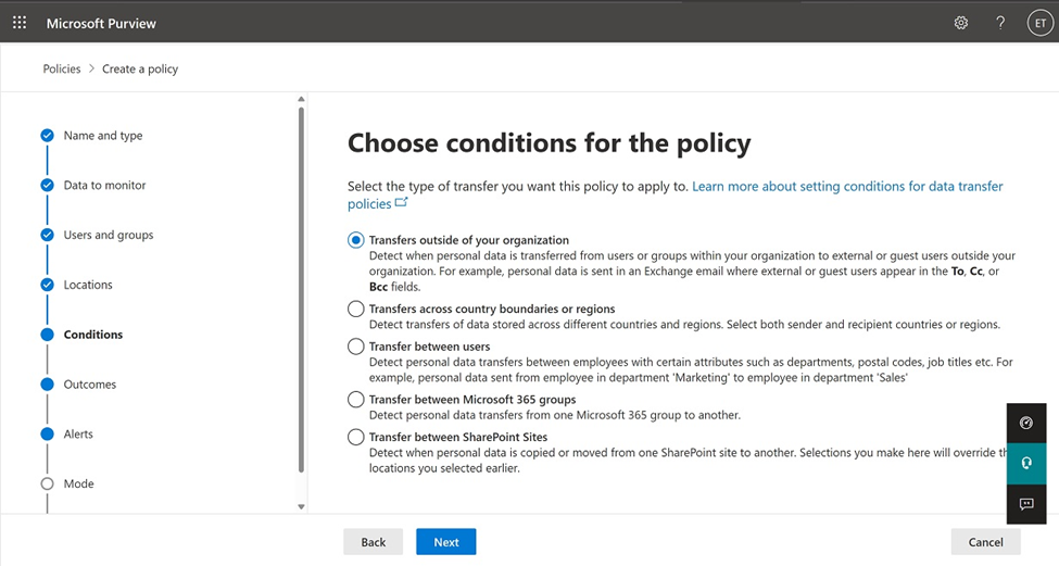 Figure 1. Customization options for setting the boundaries of a data transfer policy on Priva Privacy Risk Management.