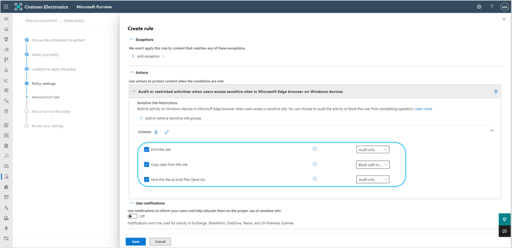 Figure 7: Setting restrictive actions for sensitive service domains