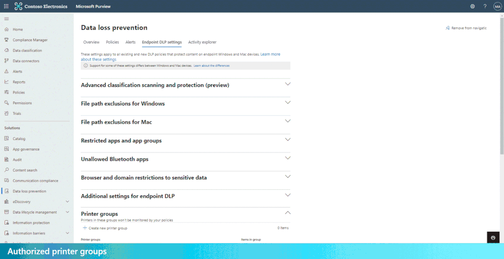 Figure 2: Configuring groups of printers, removable storage devices, network share paths, and sensitive sites with different restrictive actions