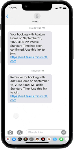 An animated image demonstrating how to join a Virtual Appointment in Microsoft Teams on a mobile device from a meeting link in a text message.