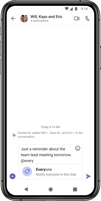 An image demonstrating chat with groups and the @everyone tag in Microsoft Teams on a mobile device.