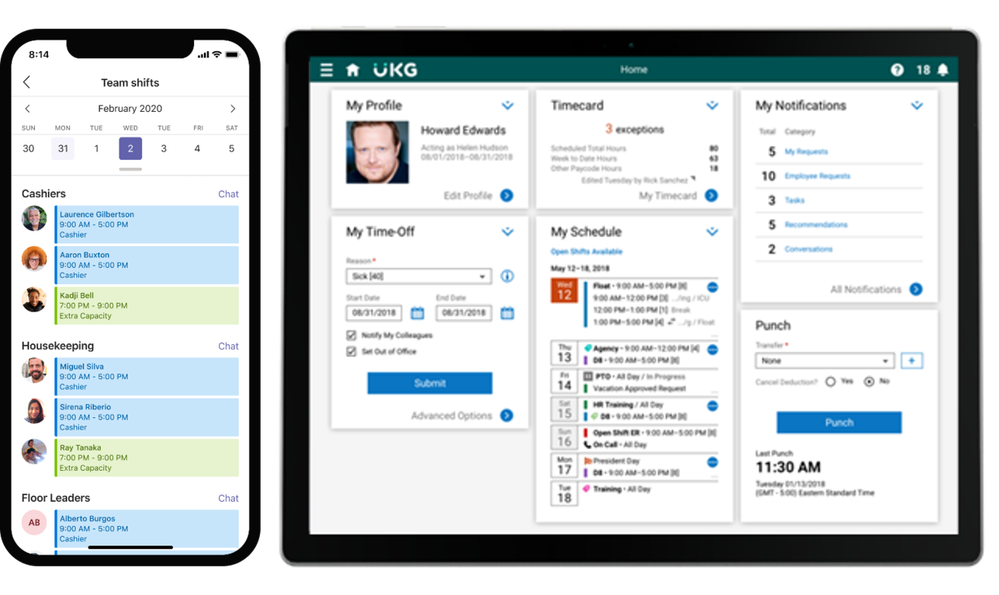 An image demonstrating the Teams Shifts connector for UKG Dimensions: Pictured on the left is an agenda calendar view of Teams shifts on a mobile device, and pictured on the right is an example home screen of UKG Dimensions on a tablet device.