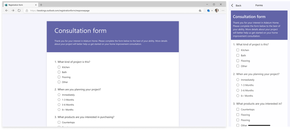 An image demonstrating Microsoft Forms integration with Virtual Appointments in Microsoft Teams with an example of a pre-appointment consultation form on a desktop and mobile device.