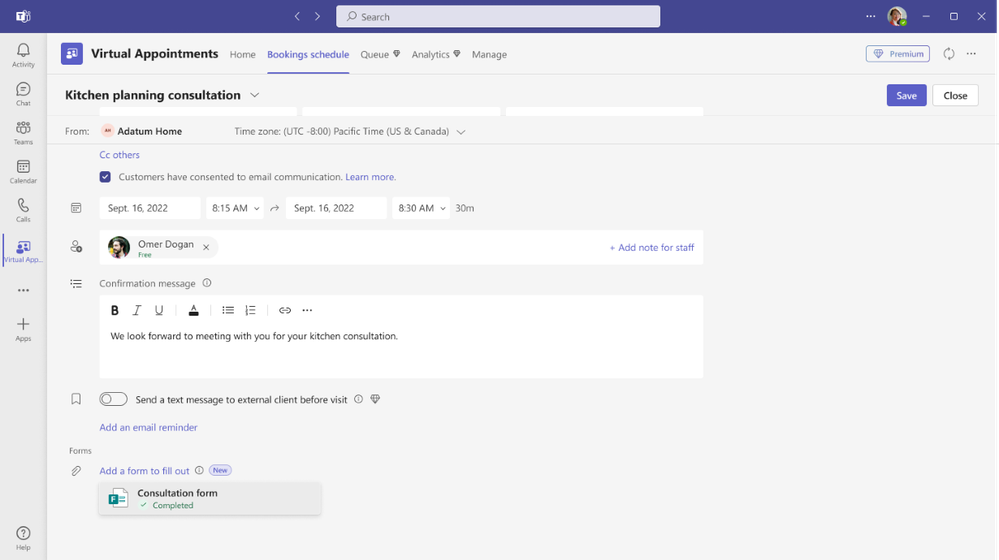 An image demonstrating a calendar view of Bookings schedule in Virtual Appointments in Microsoft Teams on a desktop device.
