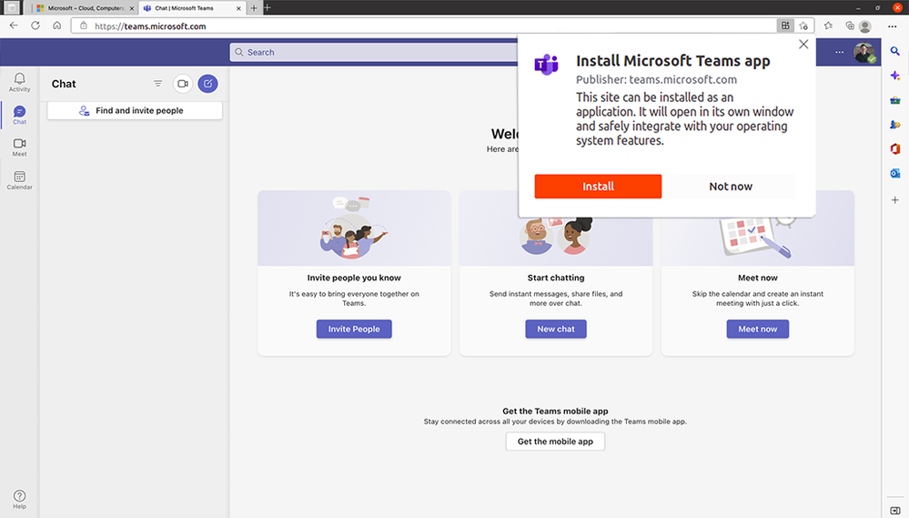 Accessing the Linux PWA on Microsoft Teams through Microsoft Edge