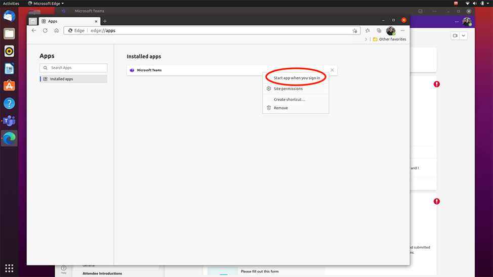 Starting the Microsoft Teams app through the Edge browser on Ubuntu Linux distribution