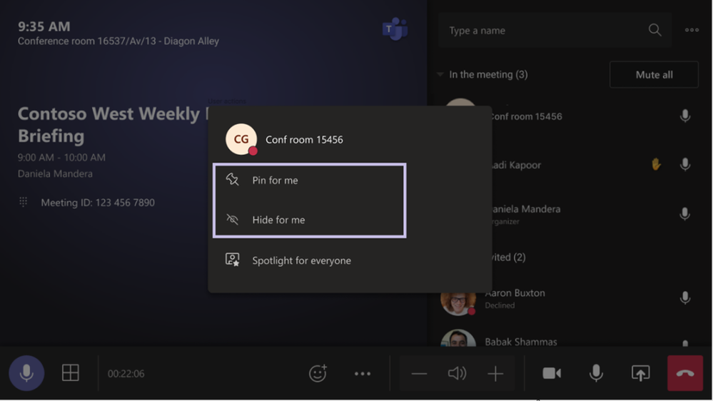 Pin and hide the room video for Teams Rooms on Windows.png