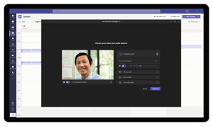 An image of Microsoft Teams on a tablet device with a pop-up window providing video and audio options before joining a meeting.