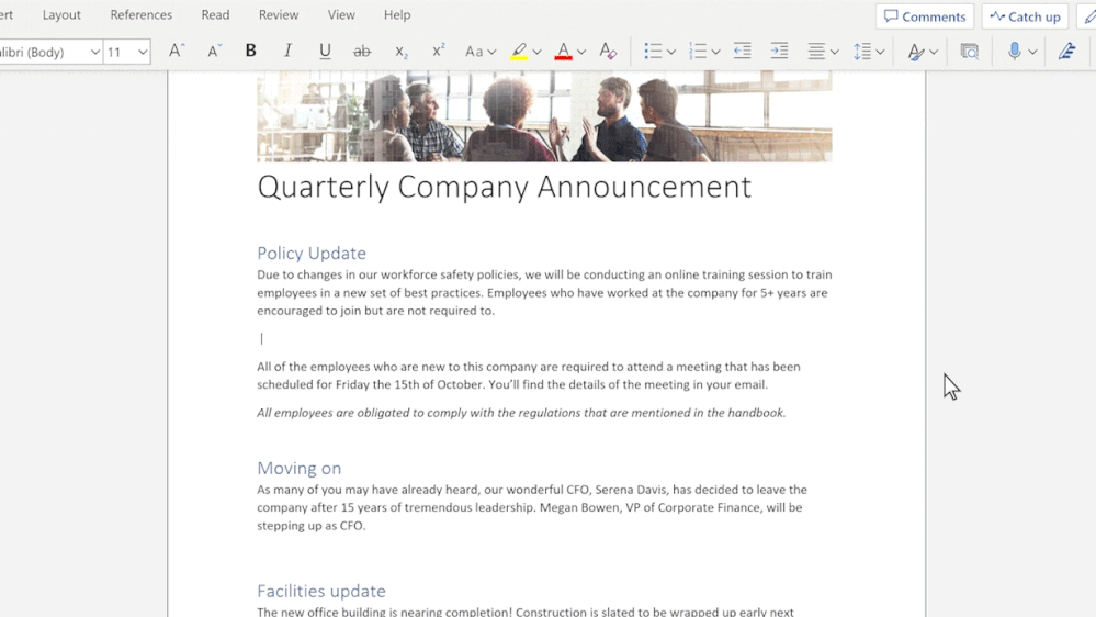 An animated image demonstrating how Microsoft Editor leveraging Context IQ in Word for the web surfaces relevant people and files.