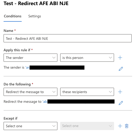 Creating a rule to redirect email from specific external email to ...