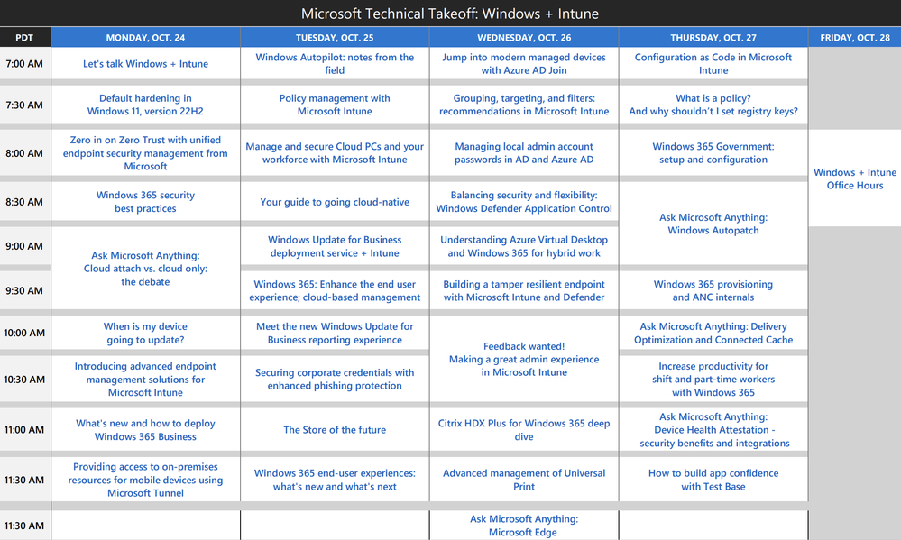 Single grid view of the Microsoft Technical Takeoff event, October 24-28