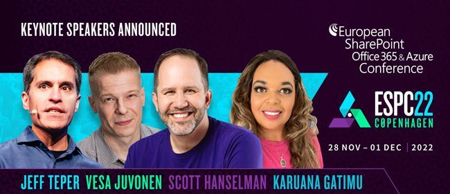 Four Microsoft keynotes from Jeff Teper, Vesa Juvonen, Scott Hanselman, and Karuana Gatimu.