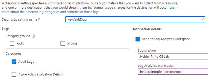 Example of a Diagnostic Settings configuration