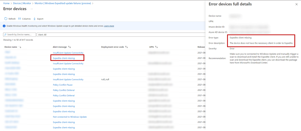 Windows expedited update failures in Intune show error devices, along with full details