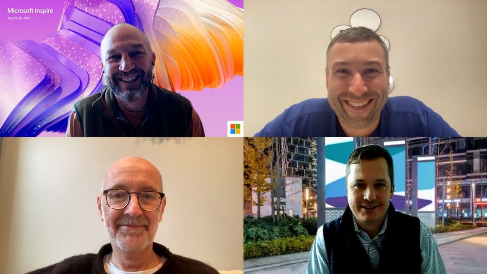 Intrazone guests and hosts during recording via Teams – clockwise from top left: Mark Kashman (Senior product manager – Microsoft) [co-host], Ian Story (Principal group product manager – Microsoft) [guest], Chris McNulty (Director – Microsoft) [co-host & guest], and Alan Pelz-Sharpe (Founder – Deep Analysis) [co-host].