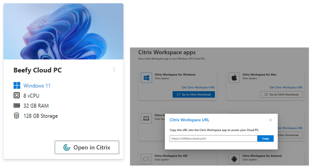 Side by side images of the Cloud PC selection screen showing Open in Citrix as an option, and the prompt to enter the Citrix workspace URL