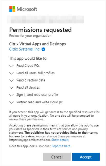 Screenshot of the Microsoft account permissions window showing what permissions will be granted to Citrix Virtual Apps and Desktops