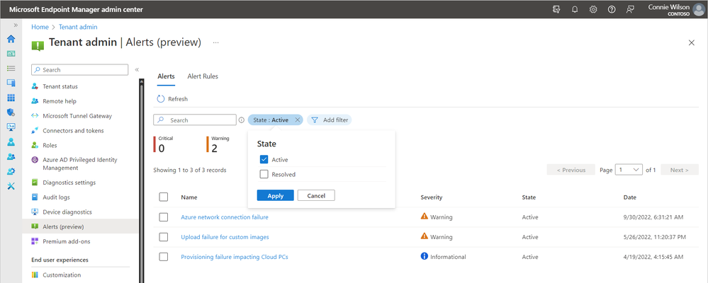 Screenshot of filtering alerts by state, active or resolved