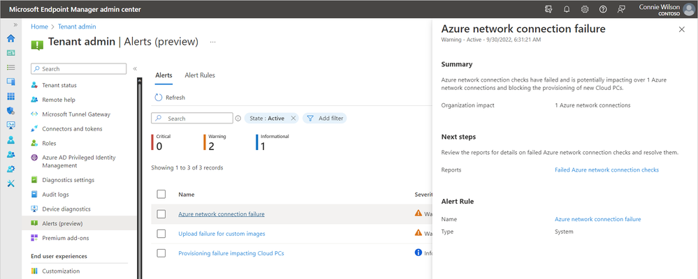 Screenshot of the alert summary fly-ou with details about the alert including next steps