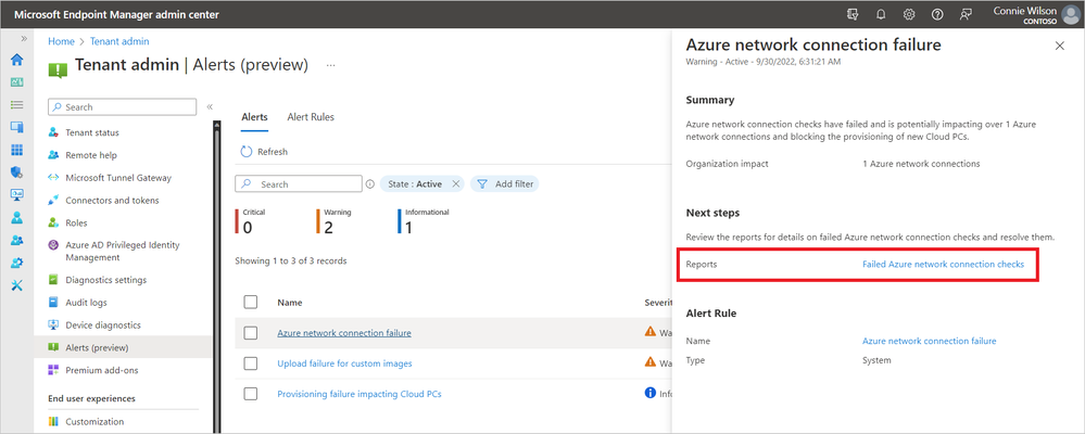 Screenshot of an alert for Azure network connection failure. Reports are highlighted under next steps.