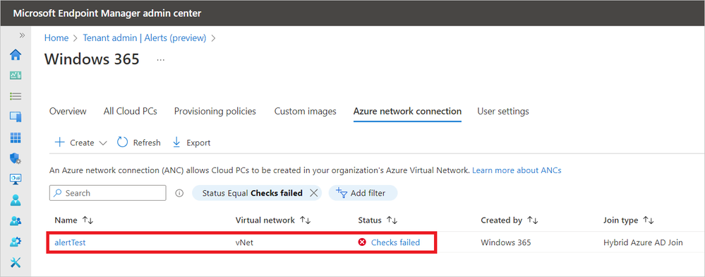 Screenshot highlighting where to quickly see a failed check for an Azure network connection