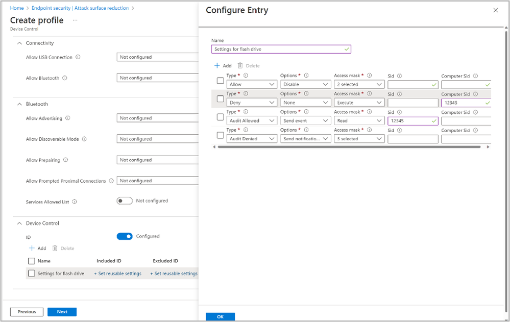A screenshot of configuring a profile in the Attack surface reduction option in Intune.