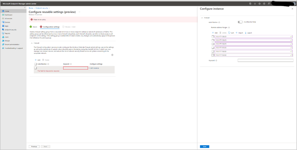 A screenshot of setting the remote IP address ranges in the Configure instance pane on the Configure reusable settings (preview) page in Intune.