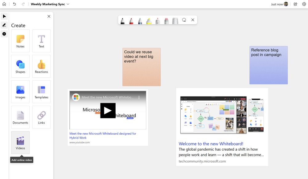 An image of a user embedding a YouTube video and website link onto the whiteboard from the create panel in Whiteboard.