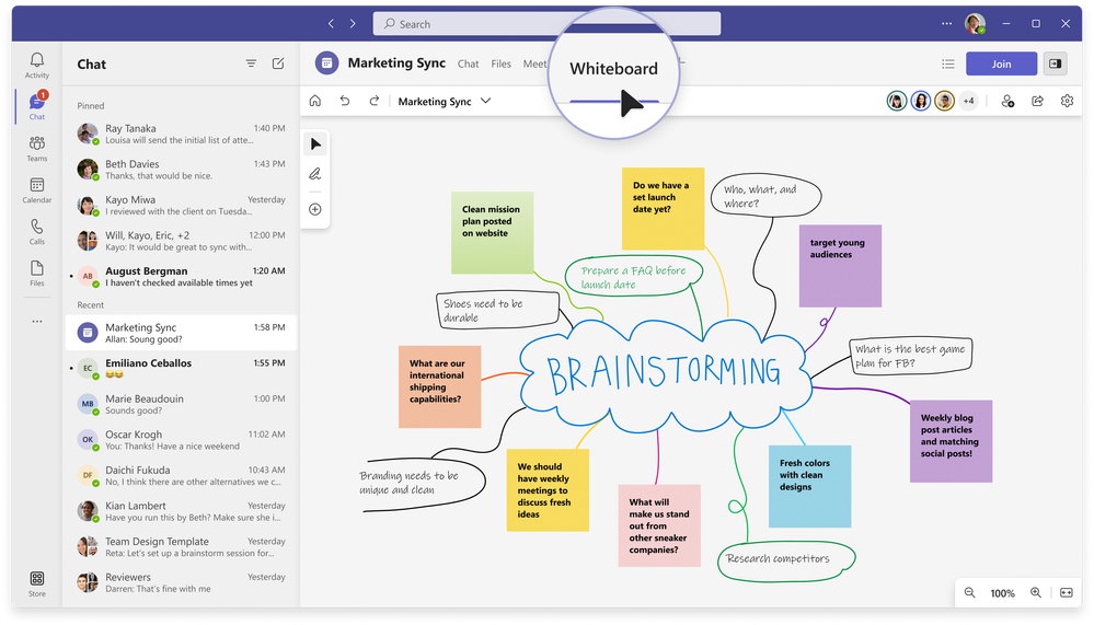 An image demonstrating a magnifier window showcasing the Whiteboard tab in a Teams chat.