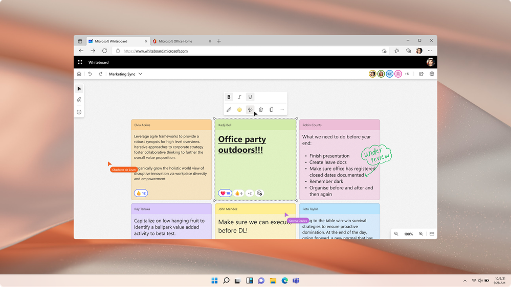 An image displaying sticky notes that automatically resize the font with amount of text and text formatting options on Whiteboard.