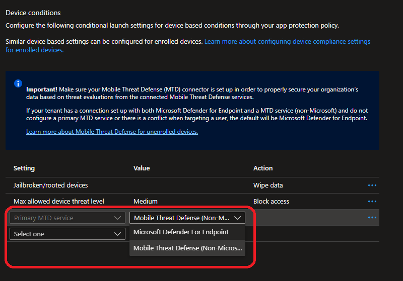 A screenshot of the Device conditions pane showing the Primary MTD service setting option.
